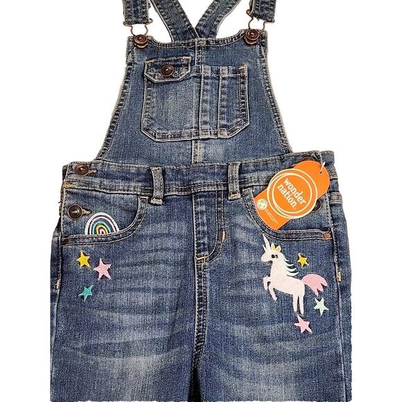 New Girls Embroidered Denim Bib Overalls Size 4T Unicorn Rainbow Toddler Jeans - Picture 3 of 6